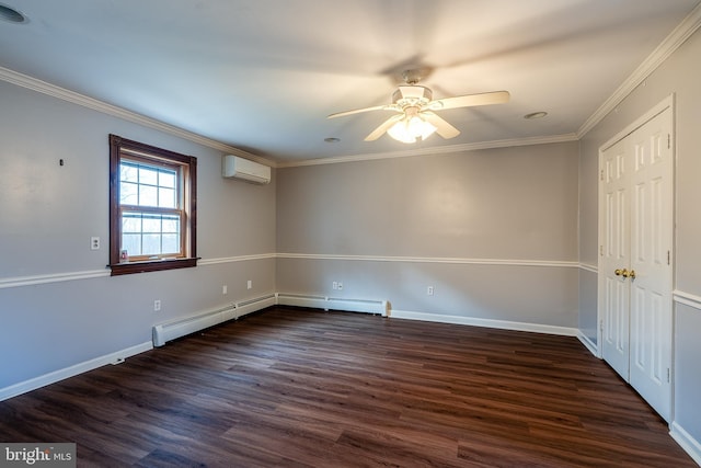 empty room with dark hardwood / wood-style floors, a wall unit AC, ceiling fan, and ornamental molding