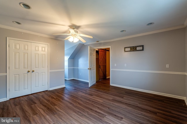 bonus room featuring ceiling fan and dark wood-type flooring