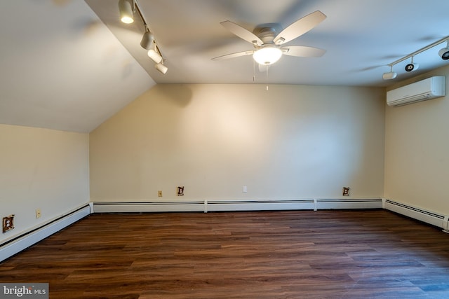 bonus room with lofted ceiling, dark wood-type flooring, an AC wall unit, ceiling fan, and a baseboard radiator