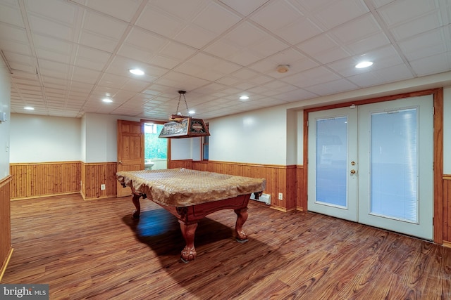 recreation room featuring hardwood / wood-style floors, french doors, and billiards