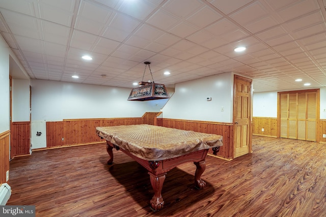 playroom featuring wooden walls, wood-type flooring, and billiards