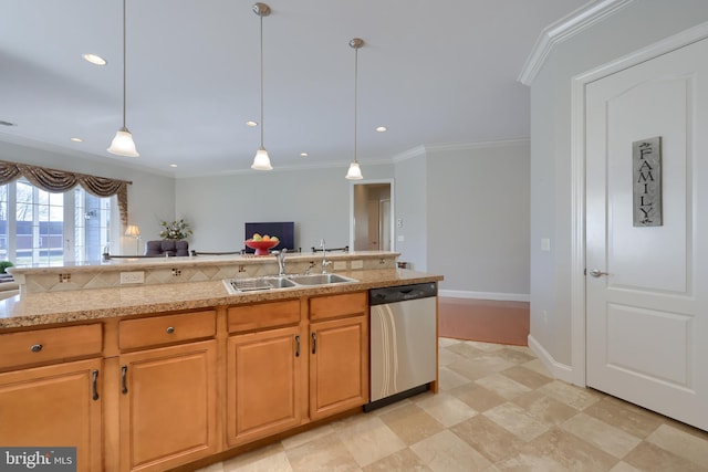 kitchen featuring stainless steel dishwasher, hanging light fixtures, crown molding, and sink