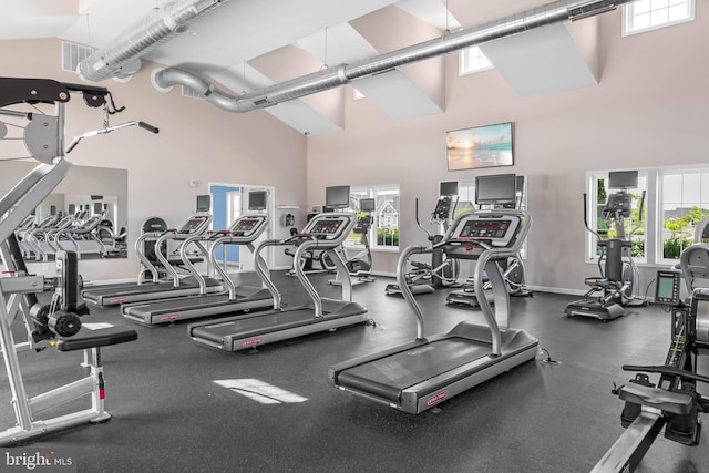 gym featuring a towering ceiling