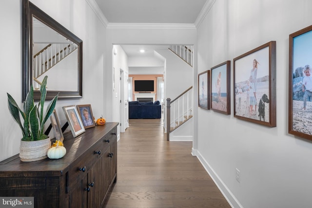 hallway with wood-type flooring and ornamental molding