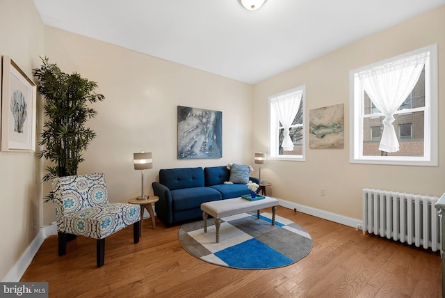 living area with hardwood / wood-style flooring and radiator