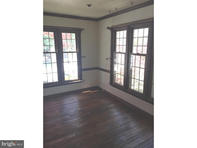 spare room with a textured ceiling, ornamental molding, and dark wood-type flooring