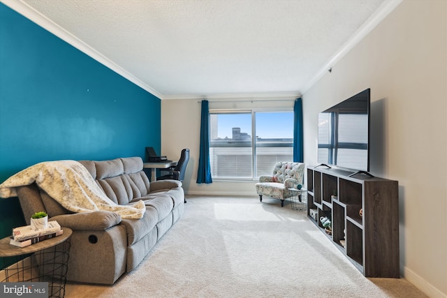 carpeted living room featuring ornamental molding and a textured ceiling