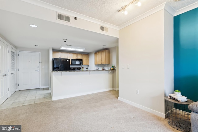 kitchen with light brown cabinetry, light colored carpet, black appliances, and a textured ceiling