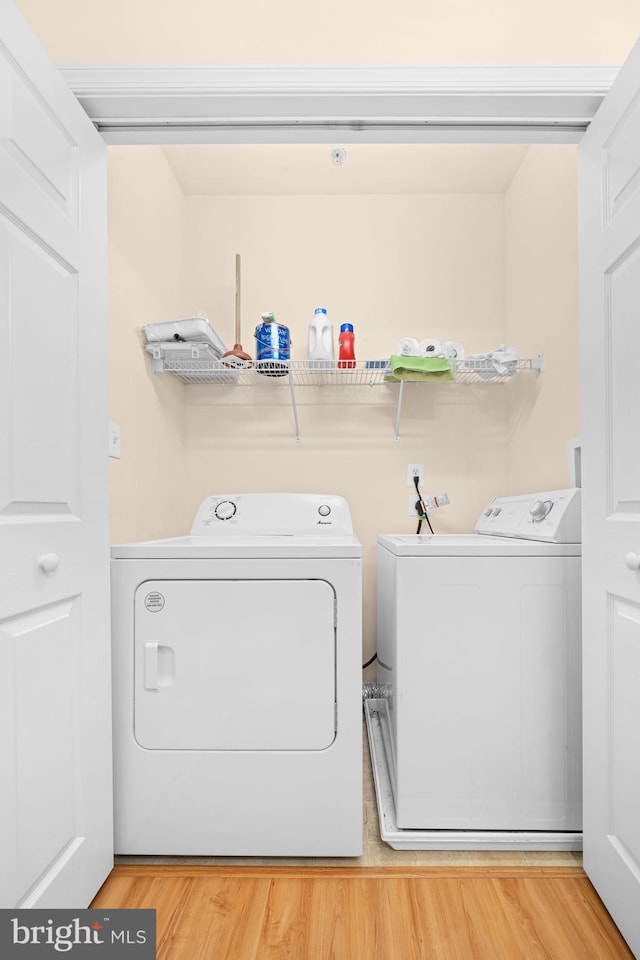 clothes washing area featuring wood-type flooring and independent washer and dryer