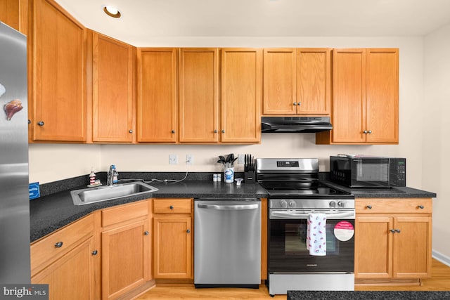 kitchen featuring sink, stainless steel appliances, and light wood-type flooring