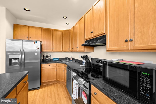 kitchen with sink, stainless steel appliances, and light wood-type flooring