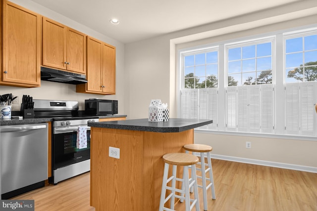 kitchen with plenty of natural light, a kitchen island, light wood-type flooring, and appliances with stainless steel finishes