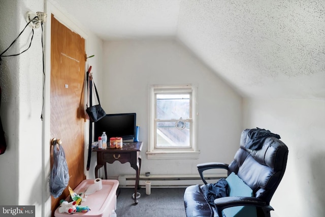 living area featuring carpet flooring, lofted ceiling, a textured ceiling, and a baseboard radiator