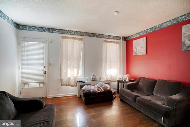 living room with a wealth of natural light, hardwood / wood-style floors, and a textured ceiling