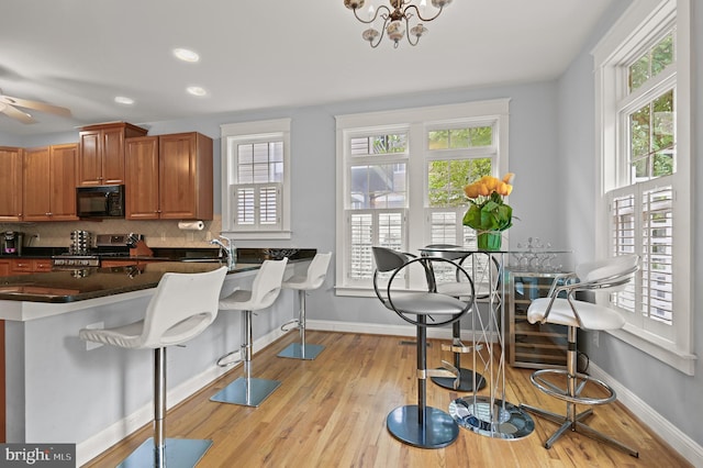 kitchen with light wood-type flooring, a wealth of natural light, and stainless steel range