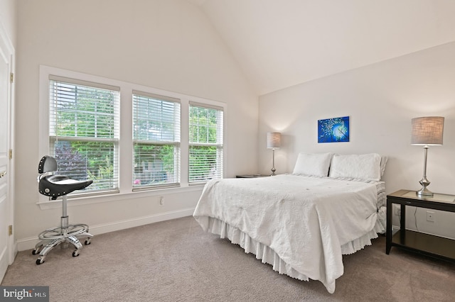 bedroom featuring carpet flooring, high vaulted ceiling, and multiple windows