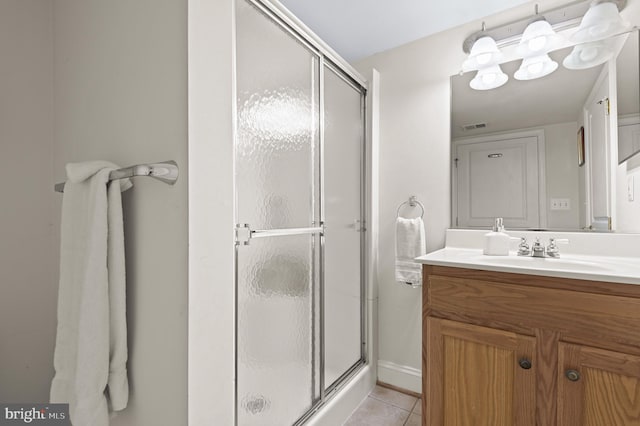 bathroom featuring tile patterned flooring, vanity, and an enclosed shower