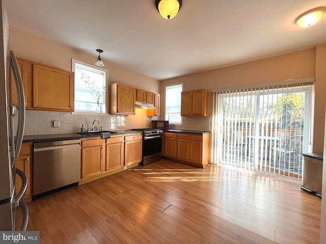 kitchen with decorative backsplash, appliances with stainless steel finishes, light wood-type flooring, sink, and decorative light fixtures