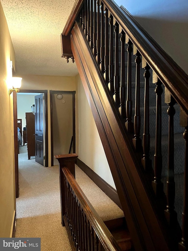 staircase featuring carpet floors and a textured ceiling