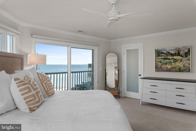 carpeted bedroom with access to outside, a water view, ceiling fan, and ornamental molding