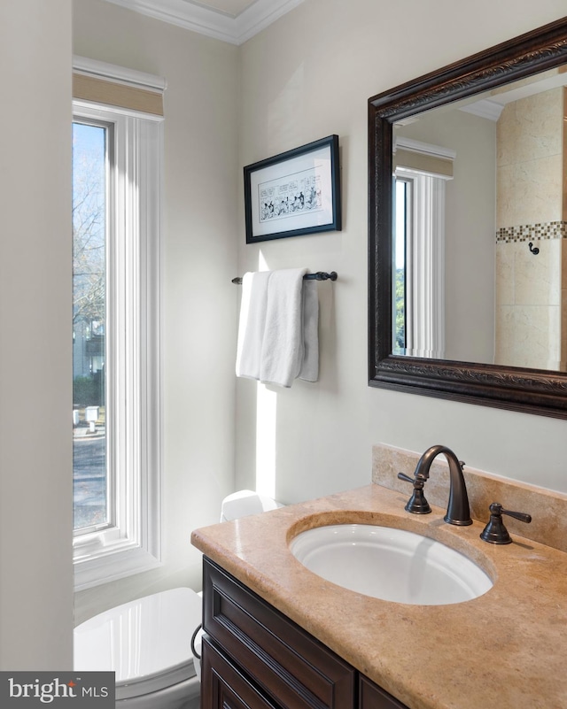 bathroom with toilet, vanity, and ornamental molding