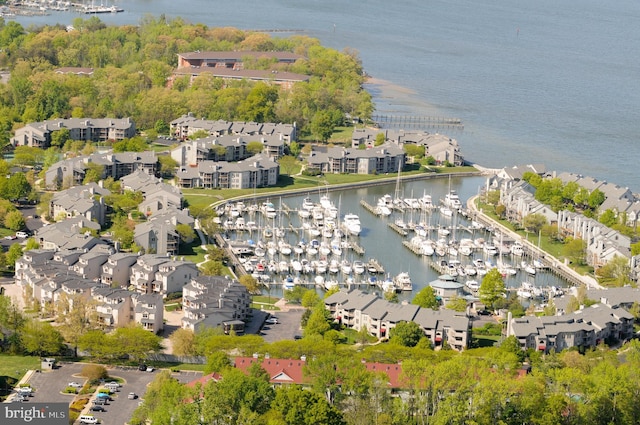 drone / aerial view featuring a water view