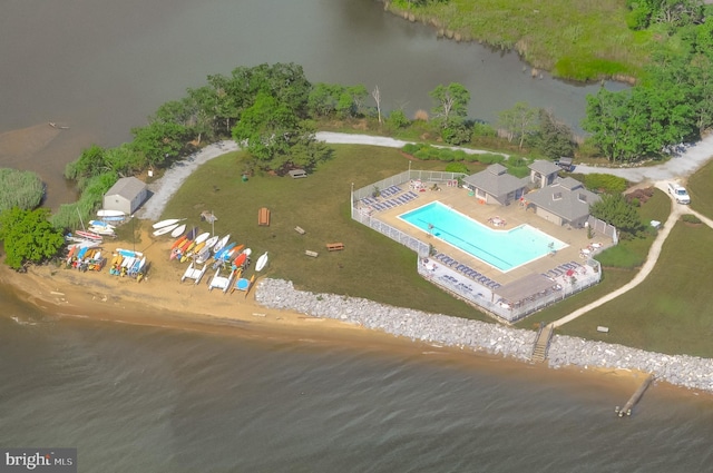 drone / aerial view with a water view