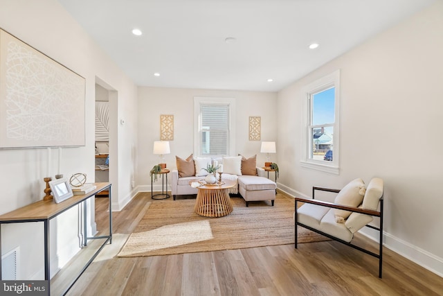 living area with light hardwood / wood-style flooring