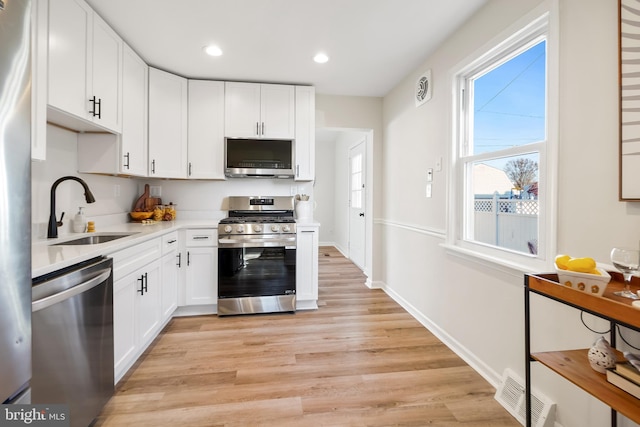 kitchen with sink, white cabinets, stainless steel appliances, and light wood-type flooring