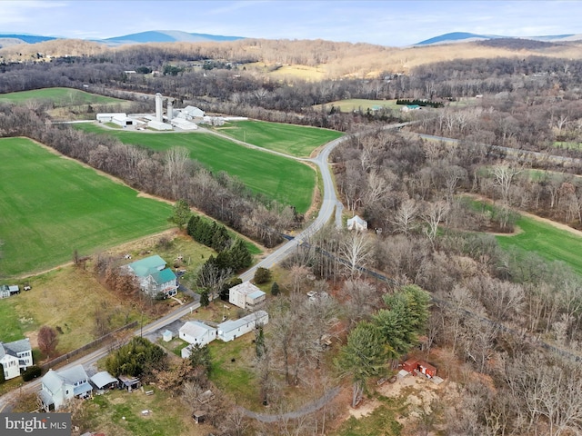 aerial view featuring a mountain view and a rural view