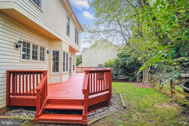 wooden deck featuring a fenced backyard and a yard