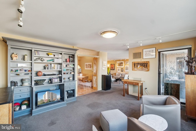 living area featuring dark carpet and track lighting