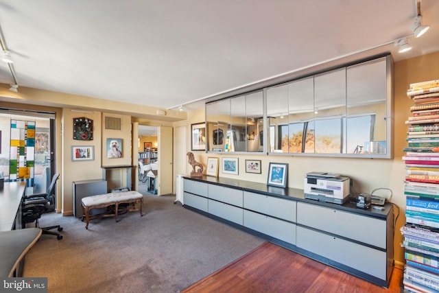 interior space featuring dark wood-type flooring and track lighting