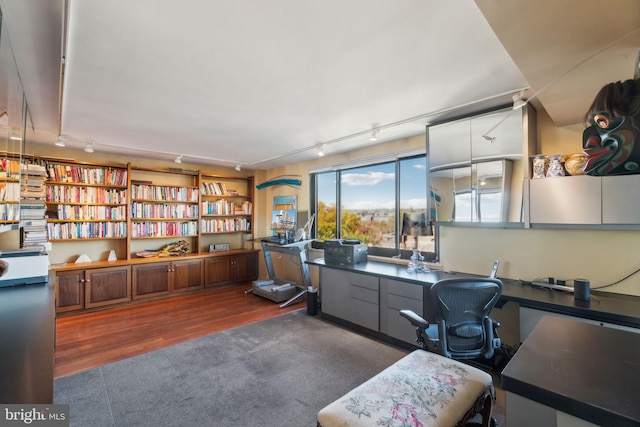 office area featuring track lighting and dark wood-type flooring