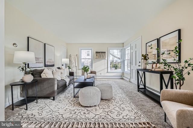 living room with light colored carpet, a wall mounted air conditioner, and a baseboard heating unit