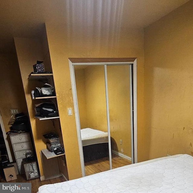 bedroom with wood-type flooring and a closet