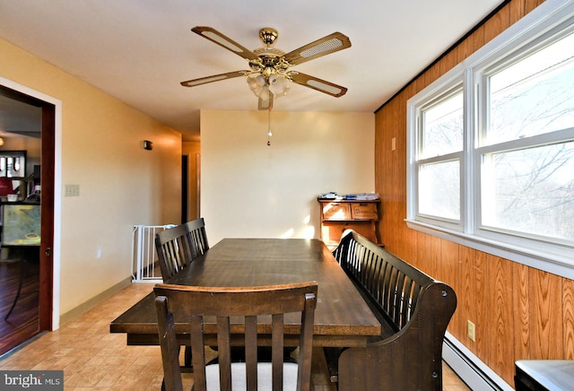 dining room featuring ceiling fan, wood walls, and a baseboard radiator