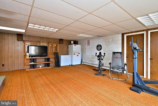 workout area with carpet flooring, a paneled ceiling, and wooden walls