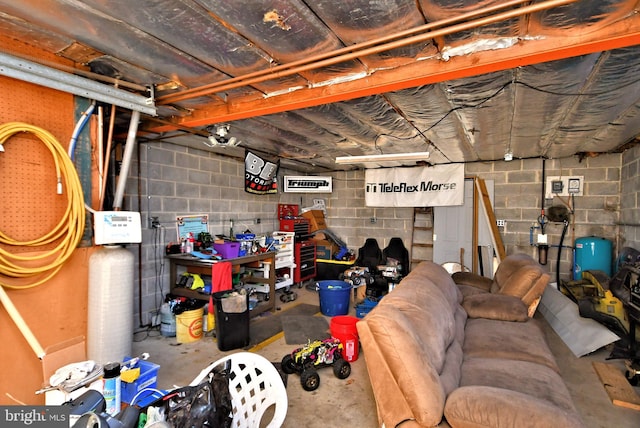 basement with a workshop area