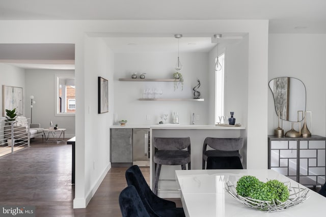 interior space featuring a sink, indoor wet bar, dark wood finished floors, and baseboards