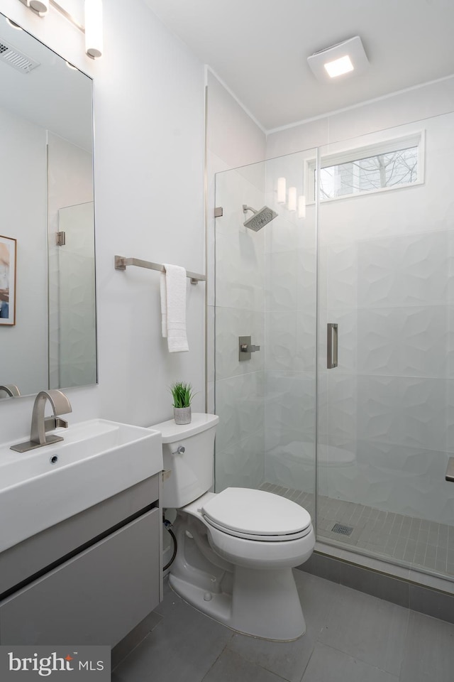 bathroom with visible vents, a stall shower, vanity, and toilet