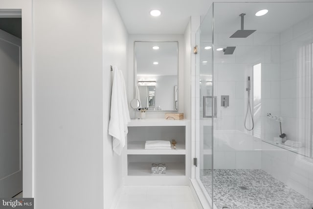 full bath with tile patterned floors, a shower stall, vanity, and recessed lighting