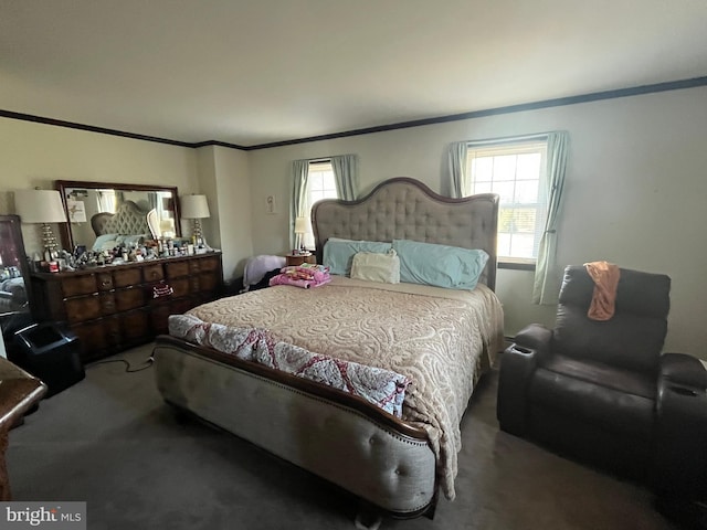 carpeted bedroom featuring multiple windows and crown molding