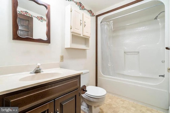 full bathroom with shower / bath combination with curtain, toilet, and vanity