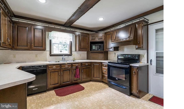 kitchen with dark brown cabinetry, sink, beamed ceiling, and black appliances