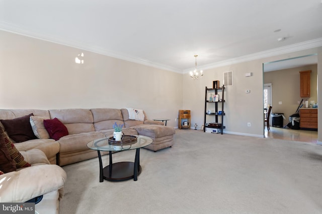 carpeted living room featuring crown molding and a notable chandelier