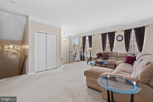 living room featuring ornamental molding and light carpet