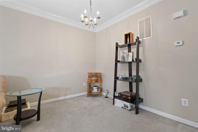 miscellaneous room with light colored carpet, crown molding, and a chandelier