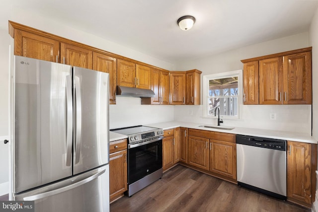 kitchen with backsplash, dark wood-type flooring, sink, and stainless steel appliances