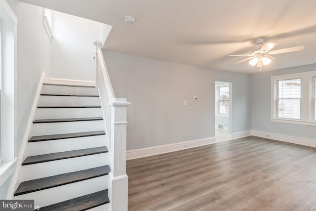 staircase featuring ceiling fan and wood-type flooring